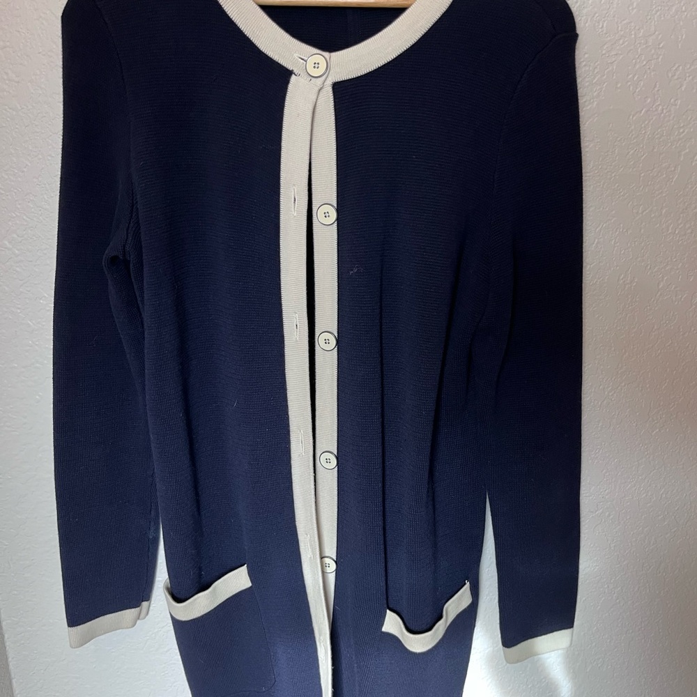 Talbots Blue and Cream Cardigan Sweater Open Front Design